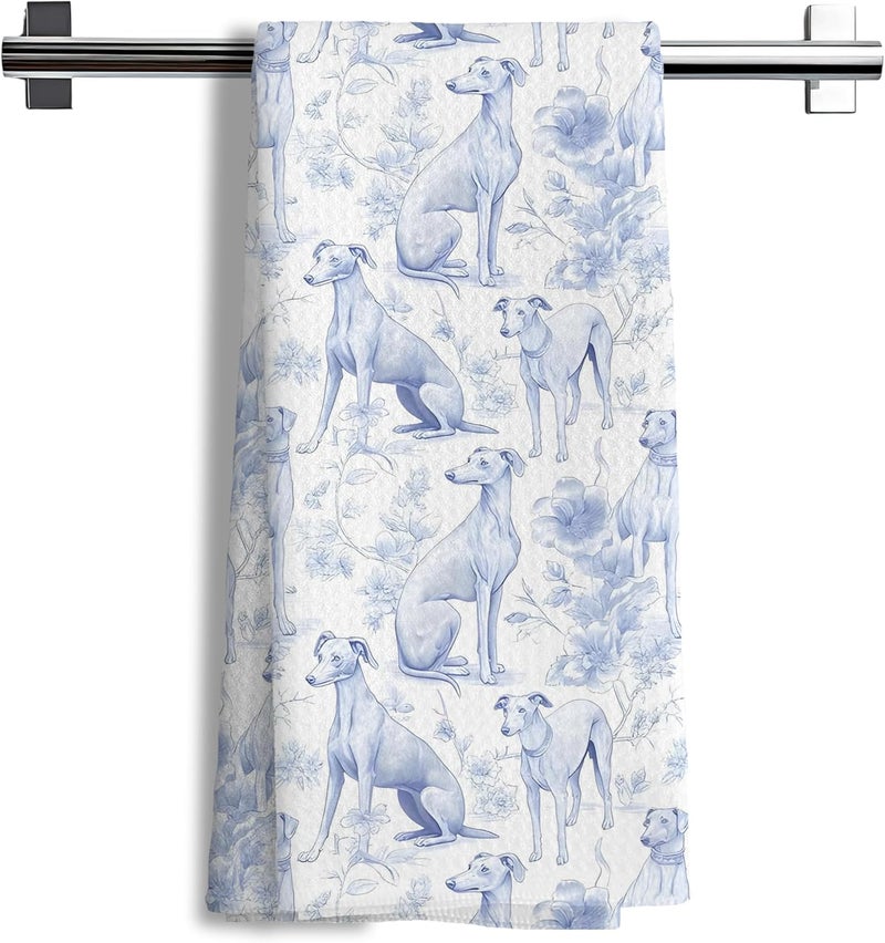 Nipil Chinoiserie Greyhound Kitchen Towels,Greyhound Dog Gifts Decorative Hand Towels,Blue and White Grandmillennial Botanical Dog Floral Dish Tea Towels for Kitchen Bathroom, 16x24 Inch - Image 1
